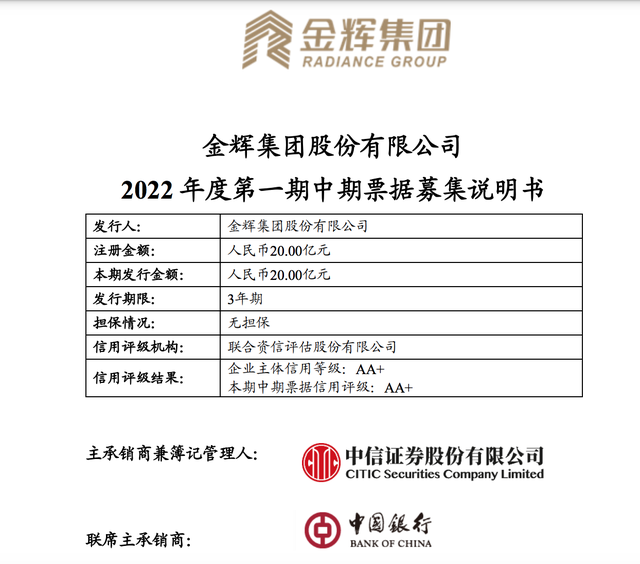 金辉团体注册刊行20亿元中票：用于项目扶植、购回及了偿债权