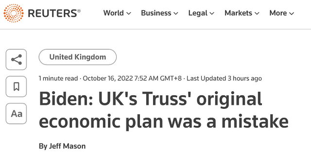 拜登称英国特拉斯政府减税计划是毛病，“不是只要我这么以为”